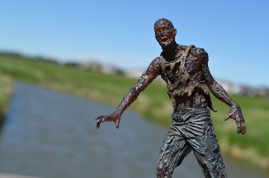selective, focus photography, male, zombie figurine, clear, blue, sky, selective focus, photography, zombie