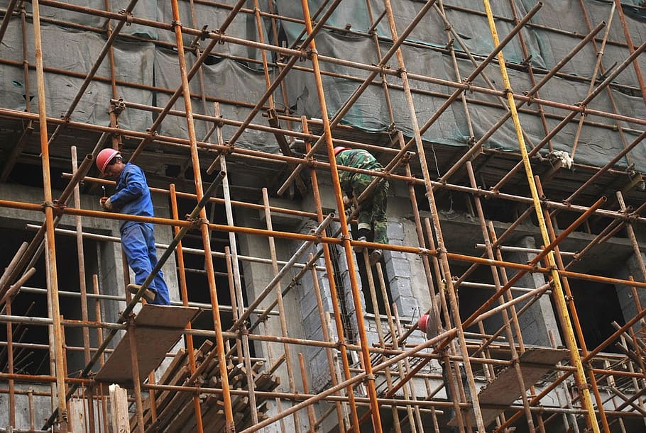 two, man, standing, scaffolding, scaffold, construction, worker, site, construction industry, architecture