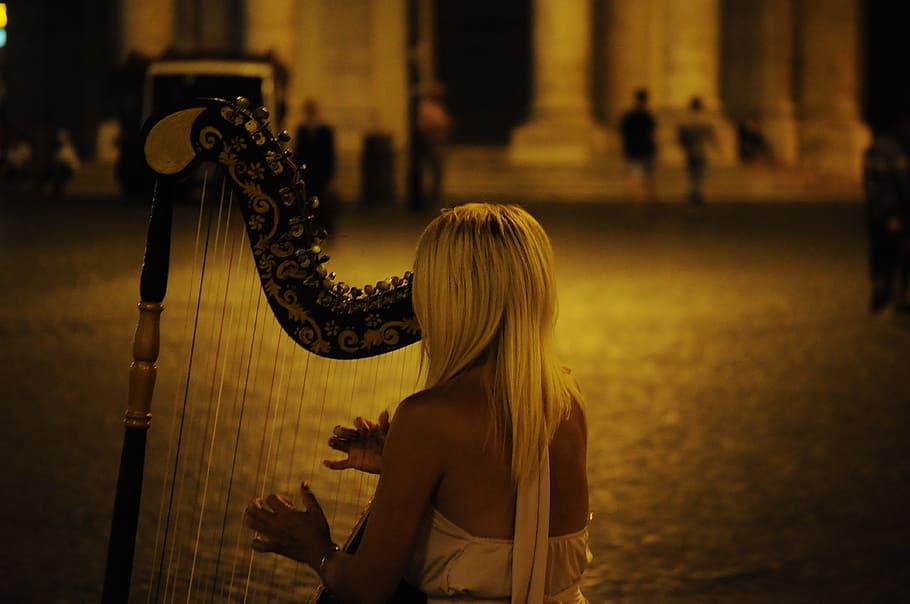 woman, white, dress, playing, harp, musical instrument, classical, acoustic, concert, strings
