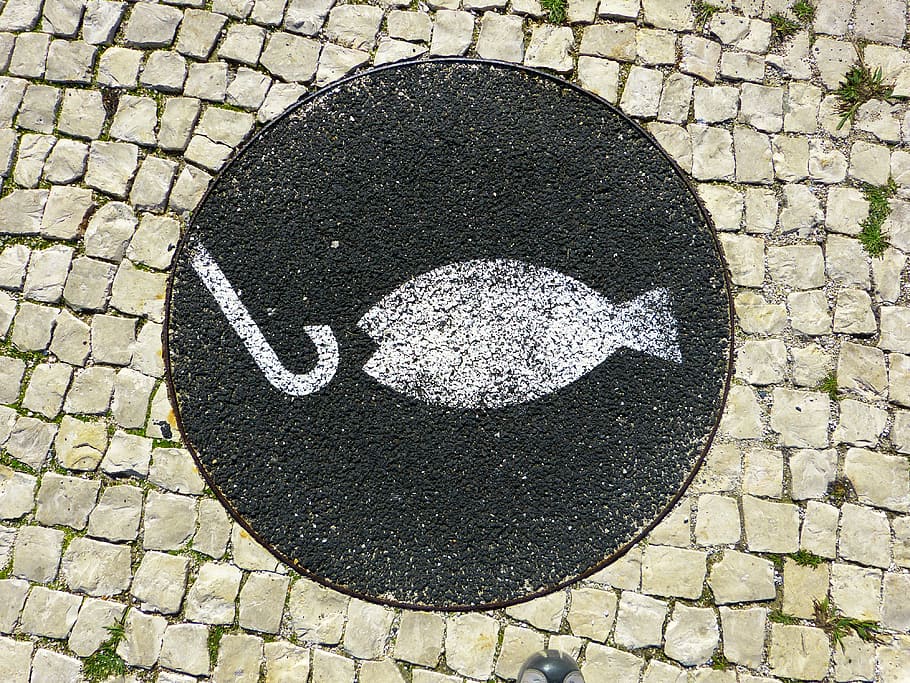 fish, hook logo, fishhook, mosaic, hook, angel, catch, circle, geometric shape, street