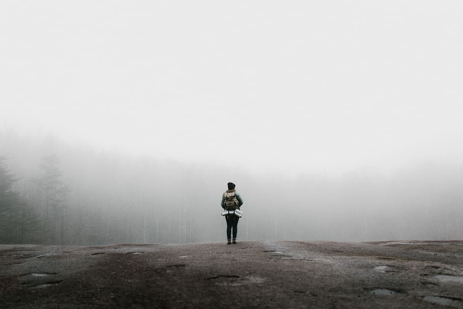 pessoa, em pé, borda, coberto, nevoeiro, marrom, cinza, caminhadas, colinas, montanhas