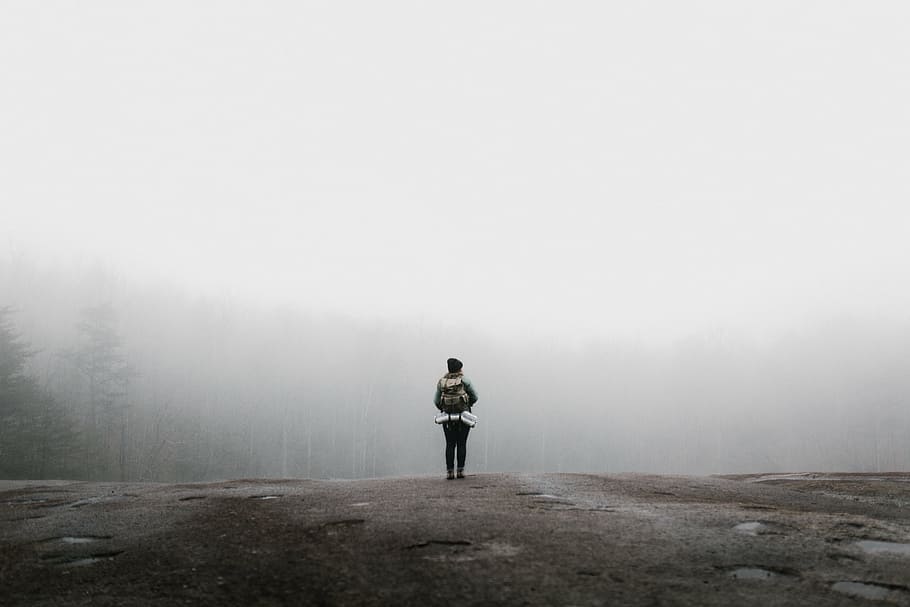 woman, standing, cliff, front, fog, covered, forest, back, beanie, adventure