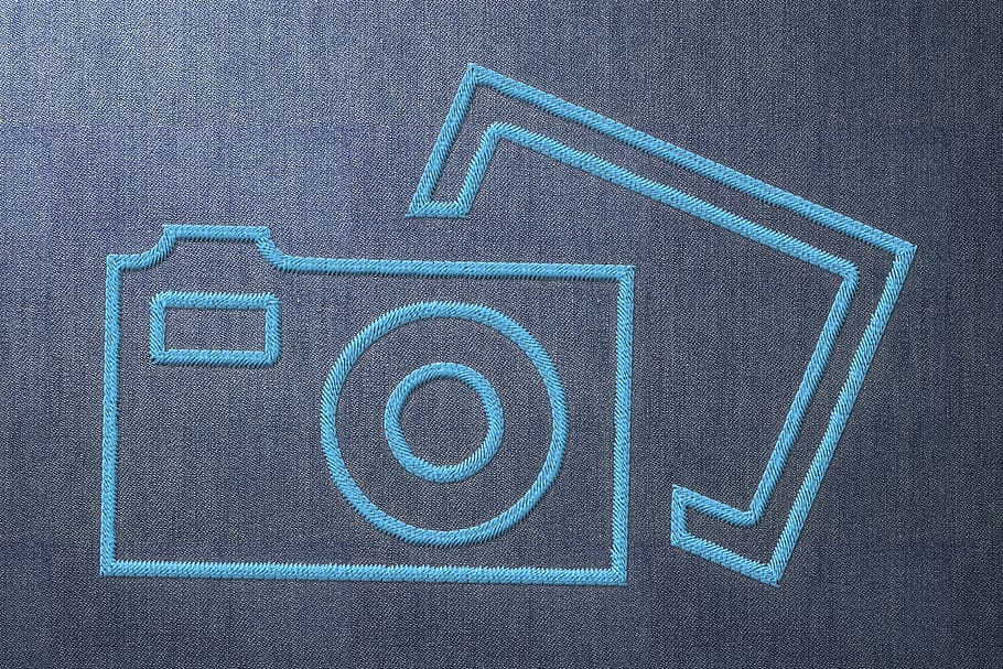 blue camera clip-art, pixabay, logo, emblem, embroidery, hand labor, art, craft, thread, sew