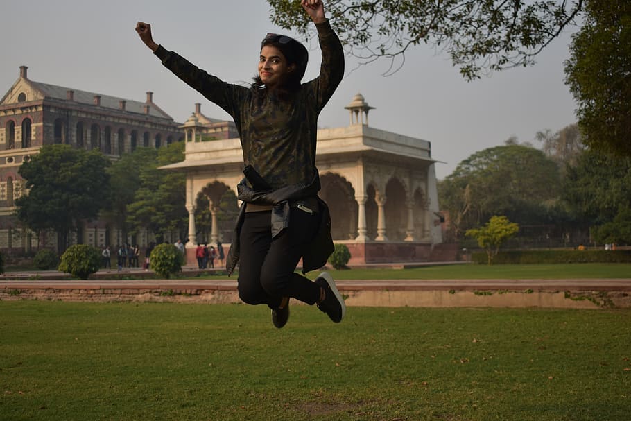 fun, happy, happiness, girl, flying, indian, redfort, one person, plant, architecture