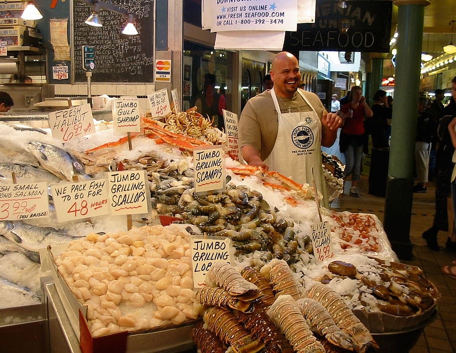 Frutos do mar, Mercado, Peixe, Exibir, Fresco, loja, negócios, seleção, variedade, cru