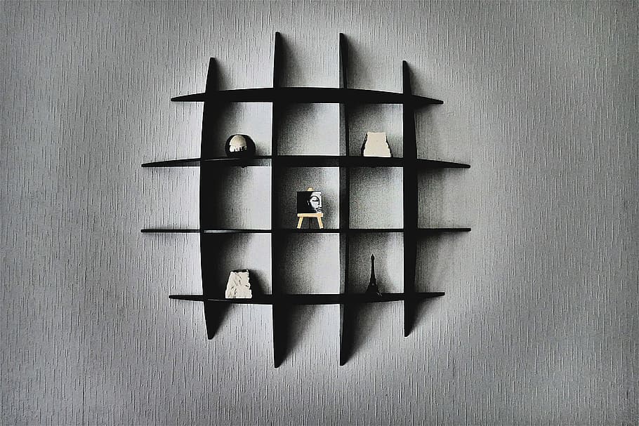 black, floating, cubby shelf, wall shelf, abstract, confused, artistically, indoors, wood - material, shelf
