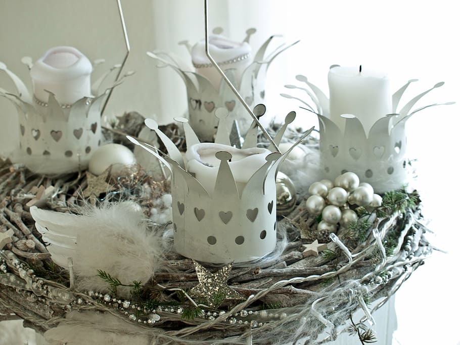 four, white, crown candle holders, gray, nest, advent wreath, christmas, x mas, christmas decoration, noel