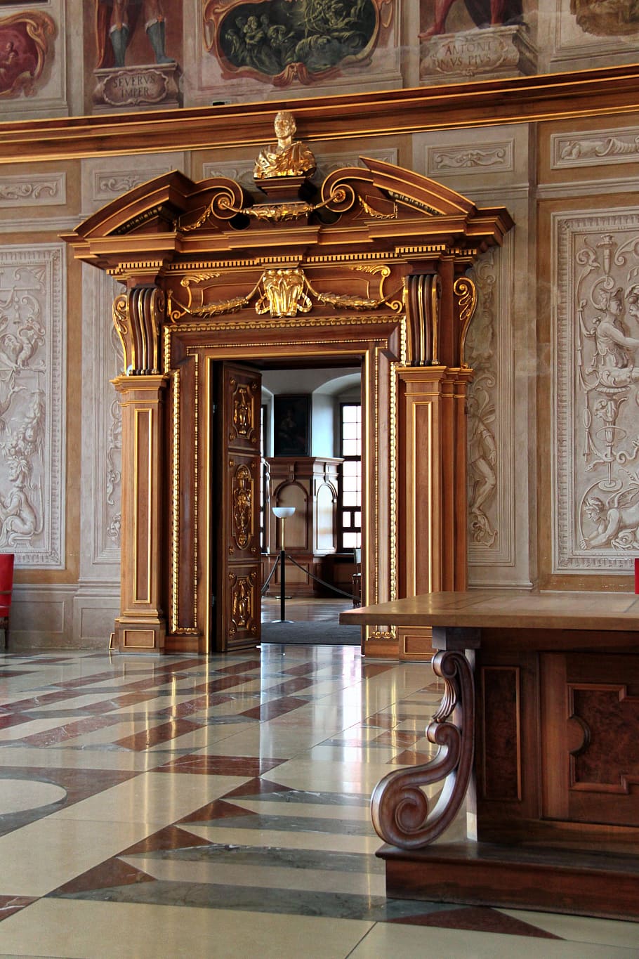 Marrón, de madera, escritorio, dentro, habitación, Augsburgo, Alemania, edificio, interior, palacio