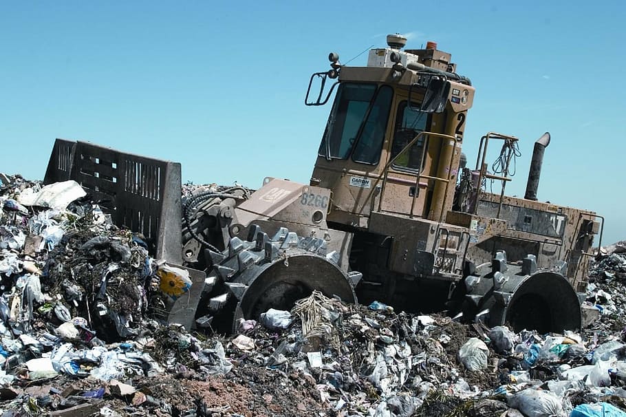 brown heavy equipment, compactor, landfill, grader, trash, equipment, heavy, machine, mover, blade