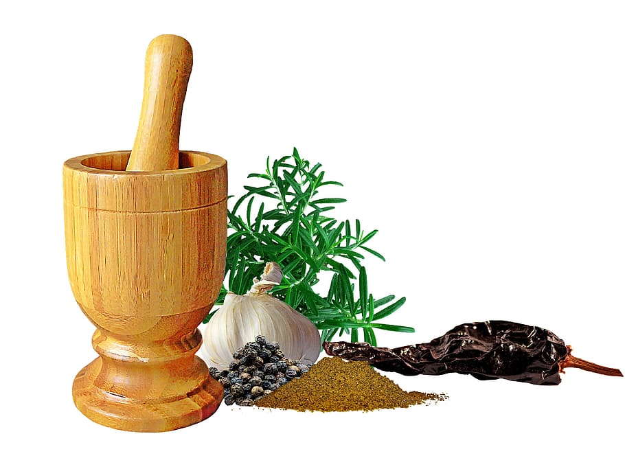 marrón, madera, mortero, condimentos, especias, comino, ajo, romero, medicina herbaria, medicina alternativa