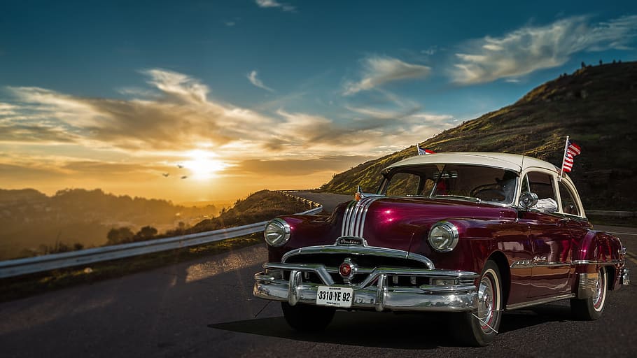red, white, chevrolet, bel, air, parked, road, daytime, sunset, mountain
