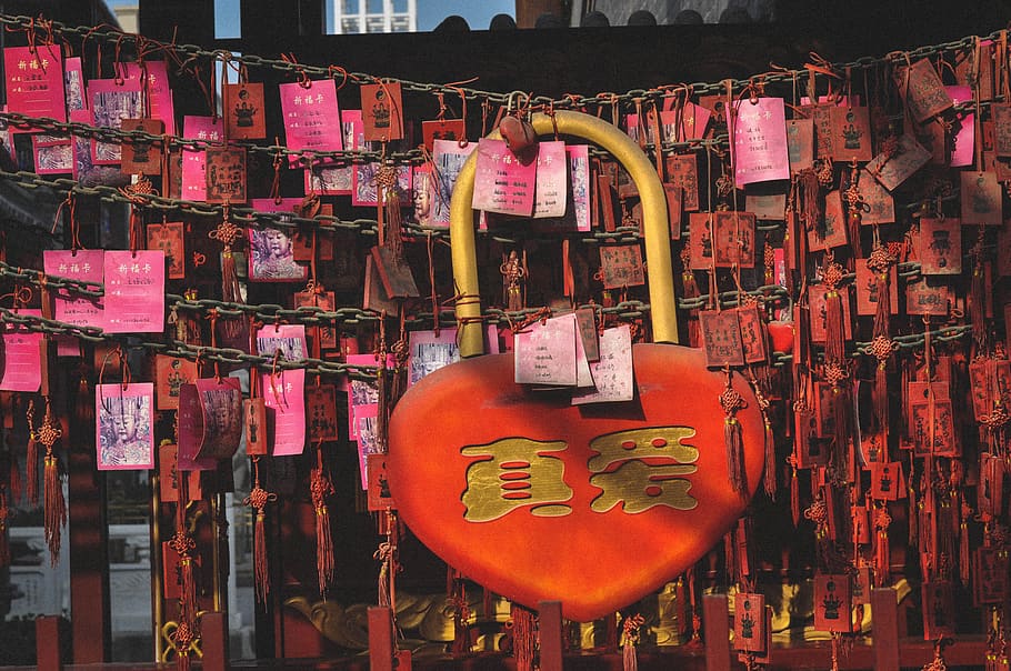 medallones, corazón, amor, deseos, Tianjin, China, colgando, texto, emoción positiva, gran grupo de objetos