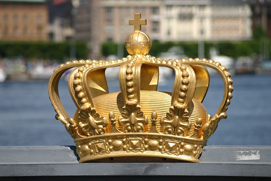 gold-colored crown, crown, sweden, stockholm, skeppsholmsbron, gold Colored, architecture, gold, built structure, building exterior