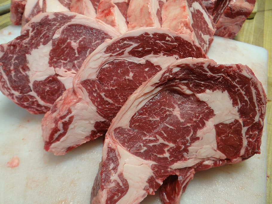 red animal meat, beef, ribeye, steak, food, meat, butcher, barbecue, protein, freshness