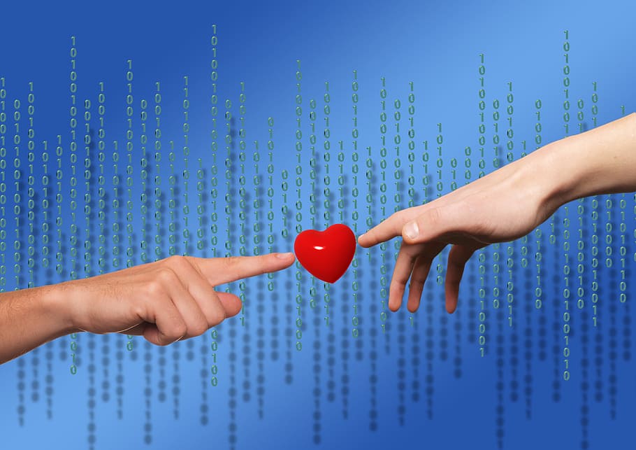 duas, mãos, apontando, Matriz, coração, amor, comunicação, software, vírus, computador