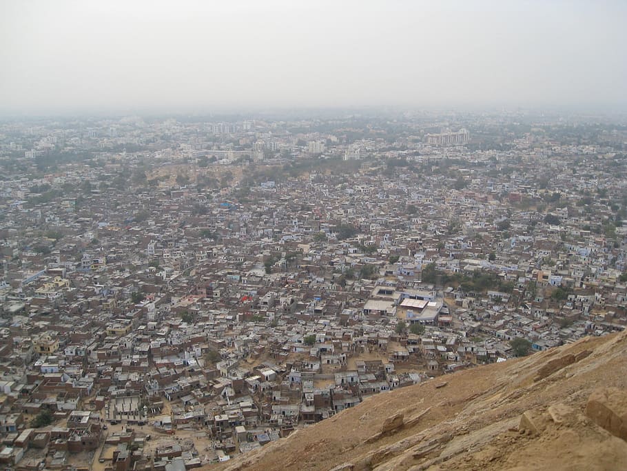 high-angle view, mountain, village, Jaipur, City, India, Top, View, indian, rajasthan