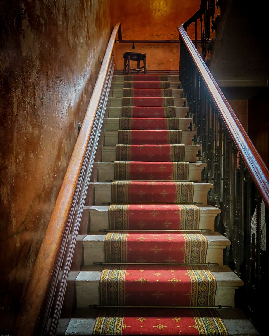 red, brown, floor runner, stairway, stairs, carpet, antique, elegant, staircase, luxury