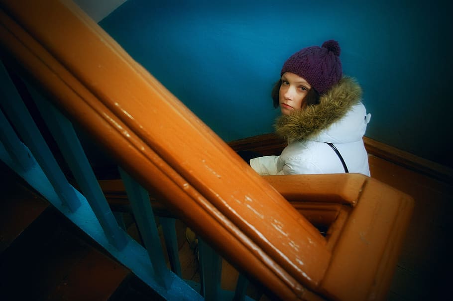 Girl, Boredom, Ladder, Stairs, Entrance, wall, blue, one Person, people, women