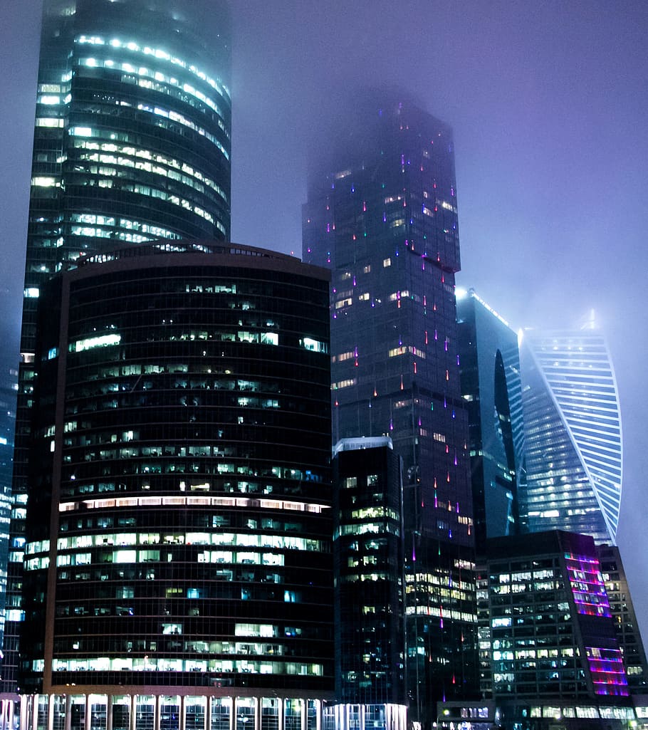 alto, ascensão, concreto, edifícios, período noturno, Moscou, Cidade, Luzes, Luzes noturnas, cidade noturna
