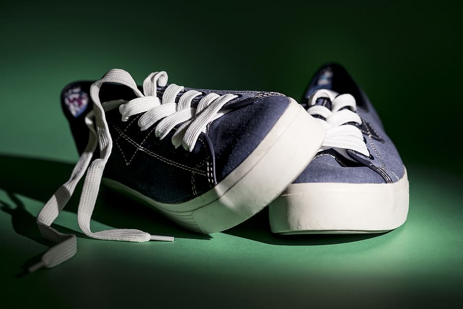 shoes, sneakers, laces, shoe, still life, indoors, pair, studio shot, close-up, green background