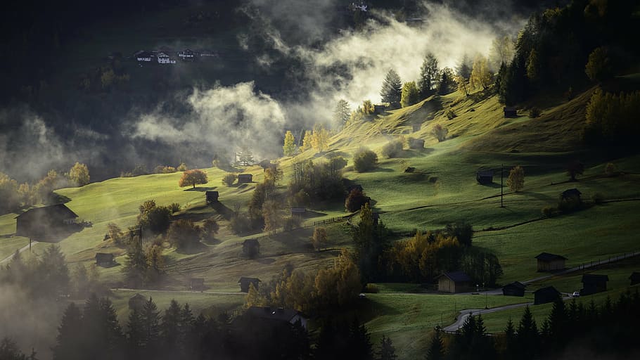 close, green, grass mountain, landscape, autumn, fog, village, twilight, afternoon, nature