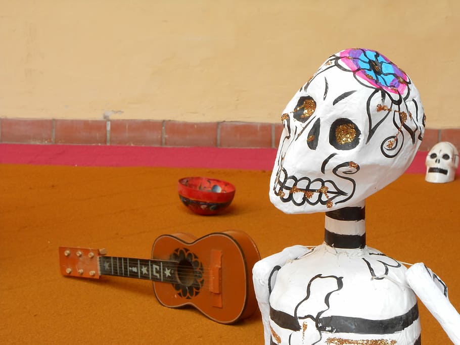 skull beside ukulele, guitar, instrument, skull of carton, casserole, guitarist, music, indoors, table, representation