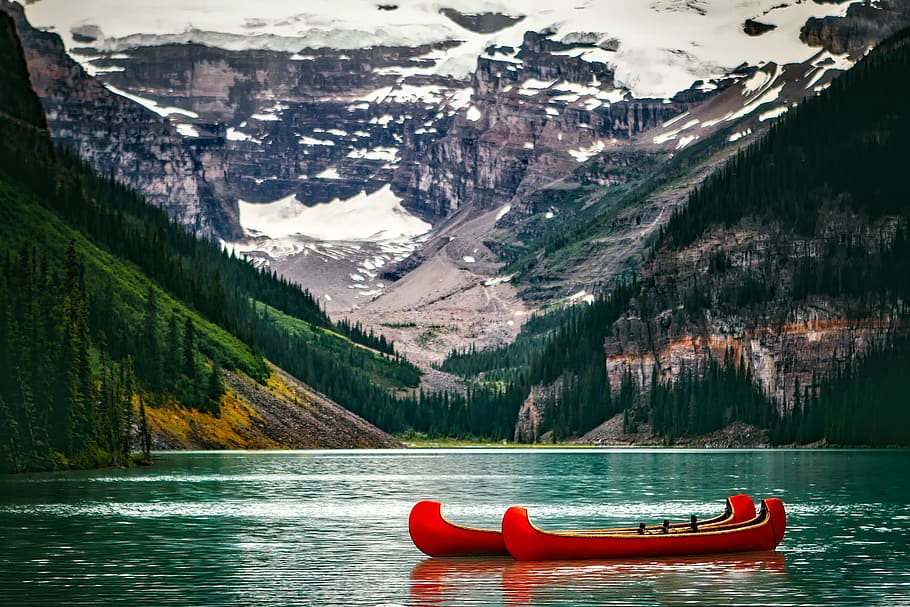 two red boats, lake louise, canada, landscape, mountains, snow, canoes, boats, reflections, forest