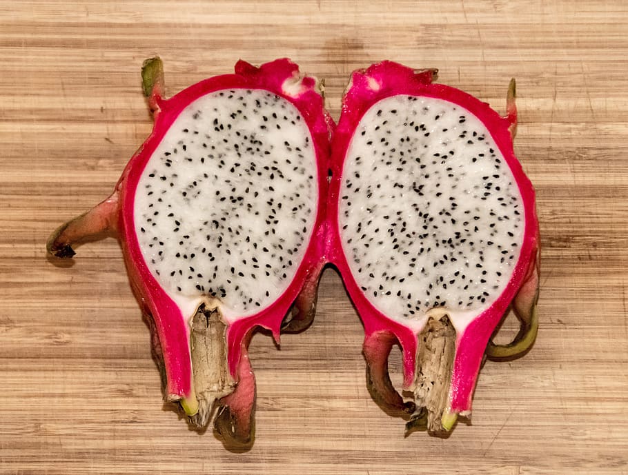 dragon fruit, pitaya, pink, white, seeds, orange, juicy, tropical, healthy, wood - material
