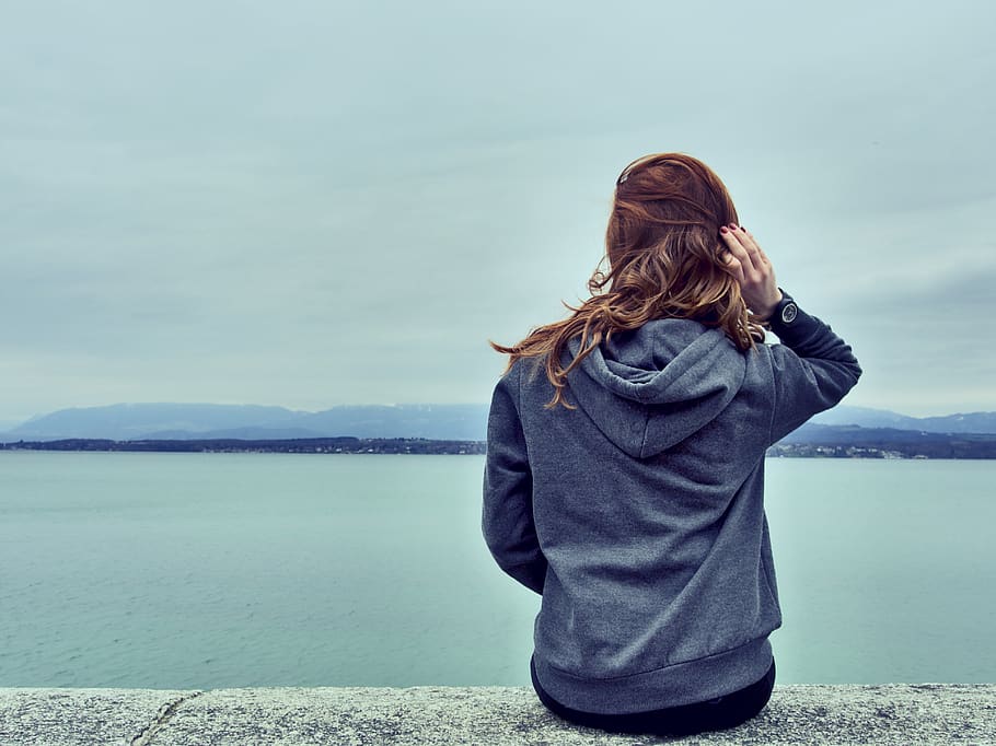 girl, woman, looking, brunette, long hair, hoodie, lake, water, view, sky