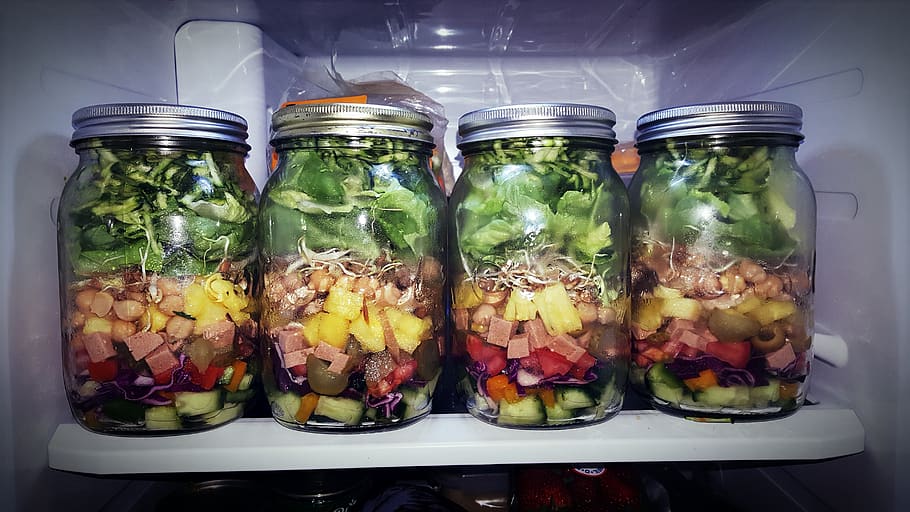 salad jar, salad, mason jar, food, healthy, jar, fresh, vegetarian, glass, mixed