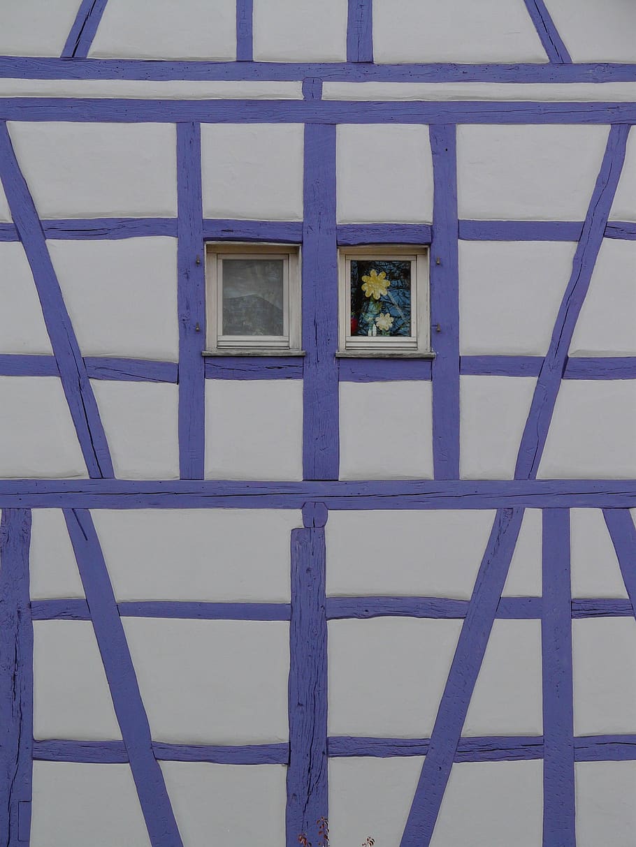 fachwerkhaus, truss, building, architecture, wood, window, bar, purple, house, facade