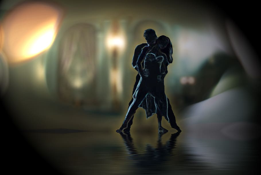 man, woman dancing, dark, area illustration, dance, sport, movement, pair, steps, human