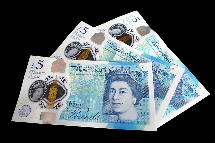 three 5 banknotes, five pound note, cash, money, pound, british, finance, business, note, banknote