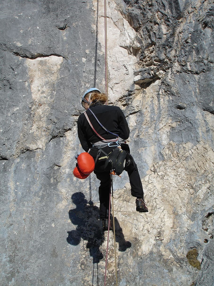 abseil, climb, rope technology, climber, steep wall, medium security, secure, woman, rock - object, real people