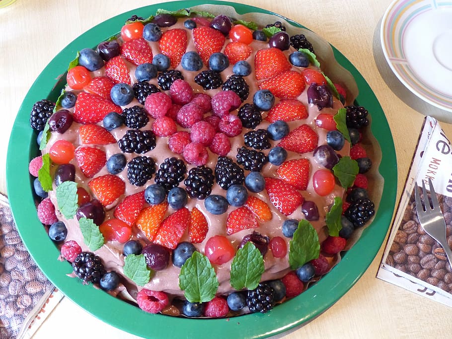 kue buah, pai berry, kue, rasa manis, stroberi, rasberi, blueberry, ceri, pencuci mulut, manis