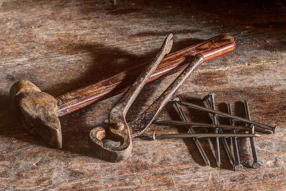 brown, hammer, black, tong, gray, nails, tool, repair, master, construction