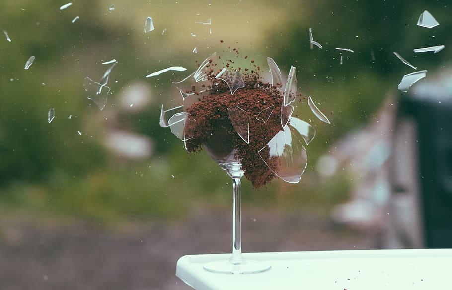 selective, photography, broken, wineglass, filled, brown, powder, glass, explosion, shivers