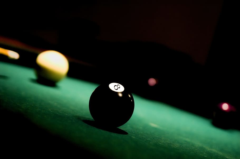 superficial, fotografía de enfoque, negro, bola de billar # 8, bola, ocho, piscina, billar, mesa, 8