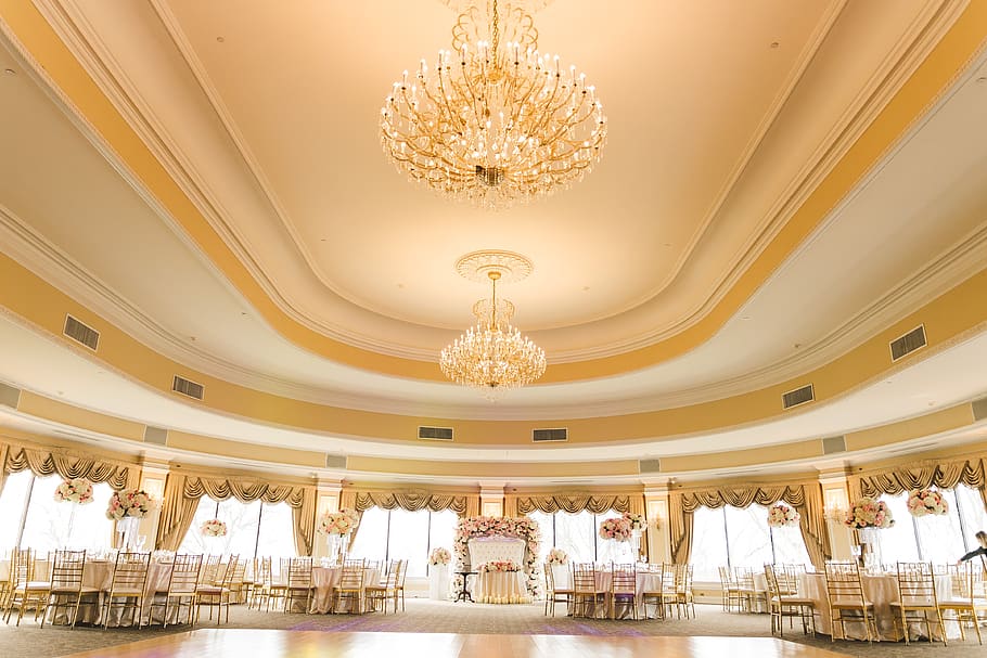 restaurant, banquet hall, wedding, the adoption of, gold, romantic, the ceremony, ceiling, architecture, indoors