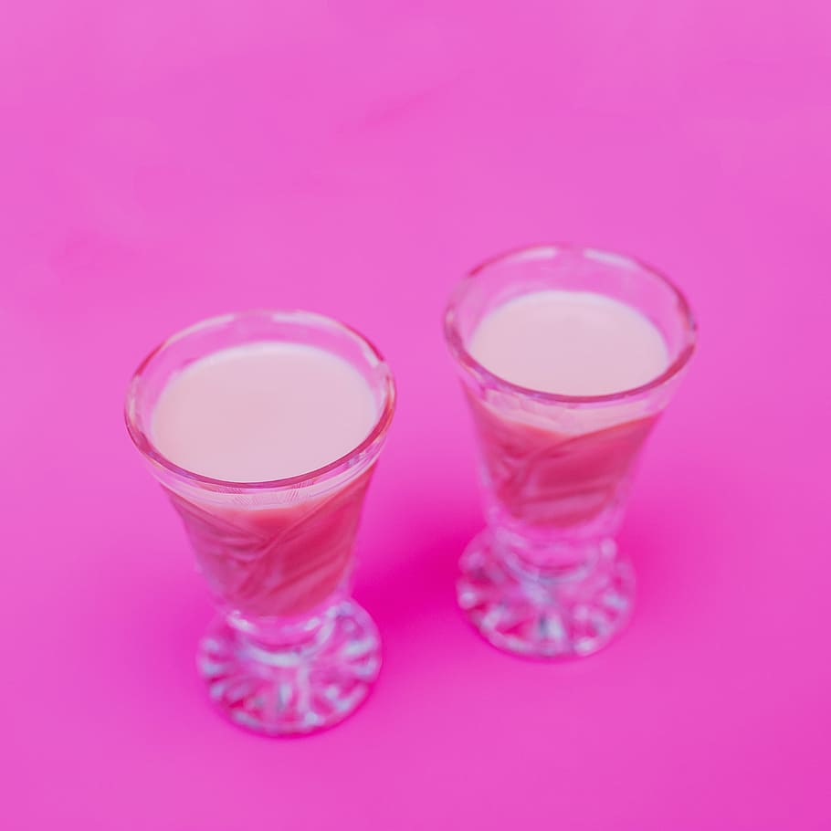 two, pink, beverages, surface, shot, glasses, filled, beige, liquids, table