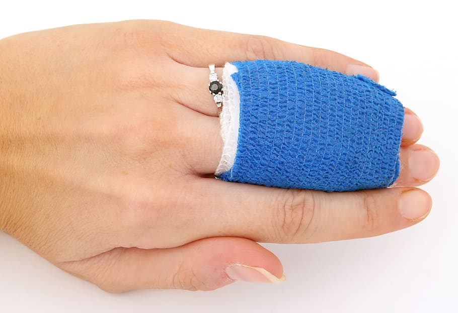 human, hand, blue, bandage, accident, aid, band, bleed, blood, bone