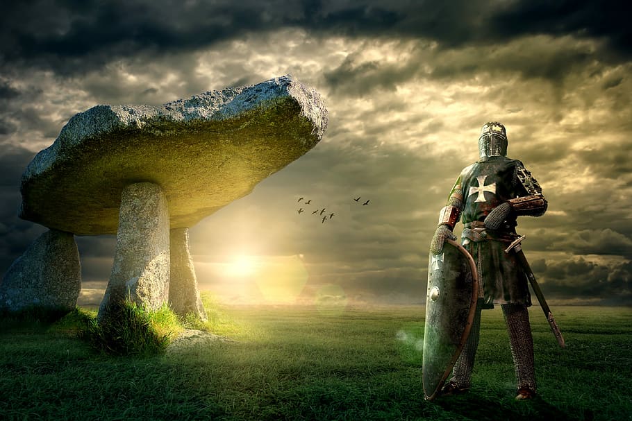 knight, wearing, gray, metal armor, standing, green, grass, dolmen, lanyon quoit, middle ages