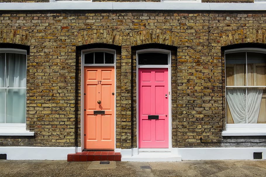 orange, pink, door, london, england, great britain, uk, city, urban, buildings