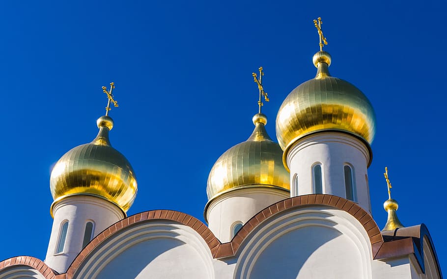 사진, 화이트, 놋쇠, 콘크리트, 교회에, 모스크바, 전통적인, 금, 둥근 천장, 건축물