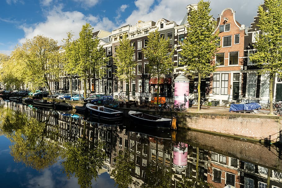 canals, amsterdam, netherlands, water, europe, dutch, travel, waterway, scenic, clouds