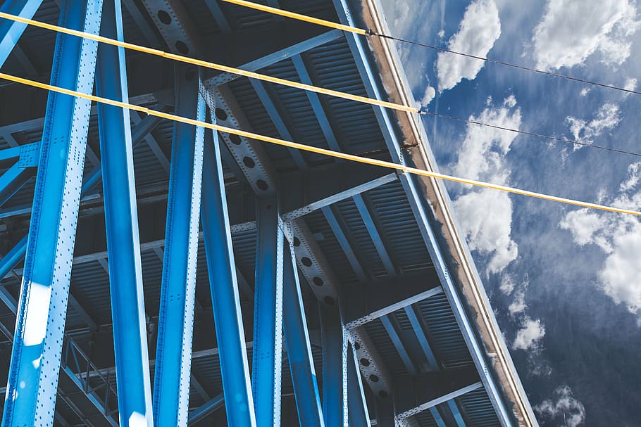 conjunción de metal azul, arquitectura, edificio, estructura, azul, cielo, nube, acero, techo, alambre