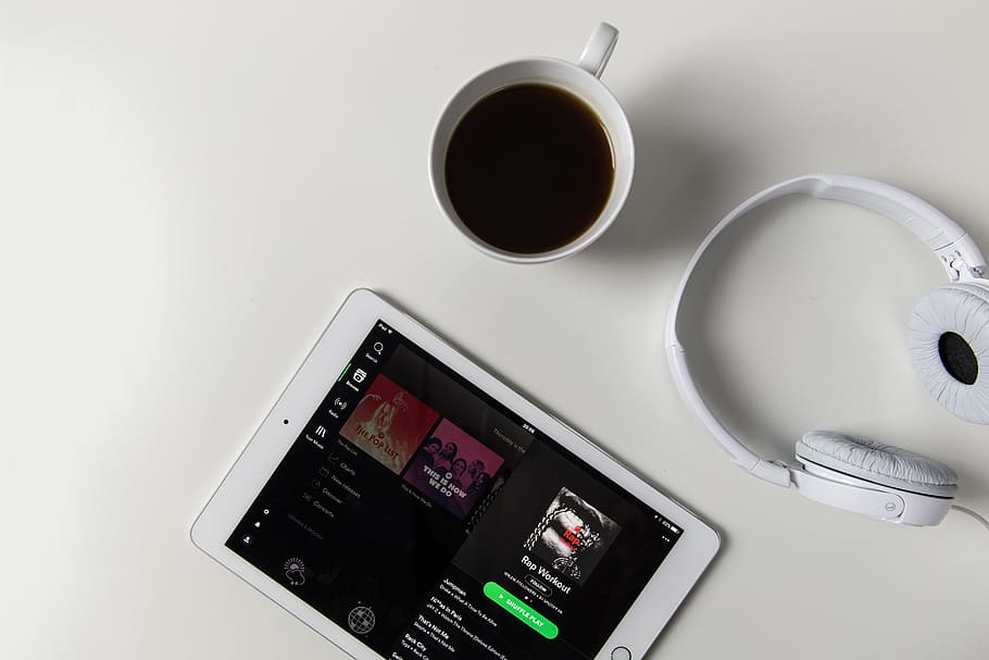 coffee, ipad tablet, spotify music app, open, white, desk, Headphones, iPad, tablet, Spotify