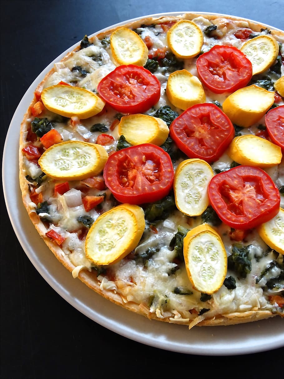 pizza, vegetarian, lezat, keju, tomat, zucchini, tentang, makan, makanan, makan siang
