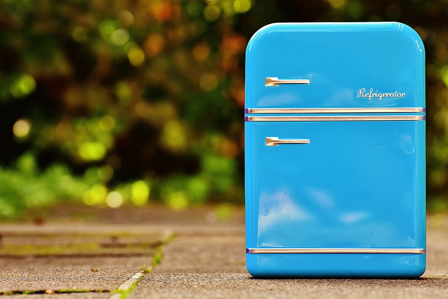 refrigerador personal azul, refrigerador, caja, tarro de galletas, azul, almacenamiento, lata, hoja, color, plata