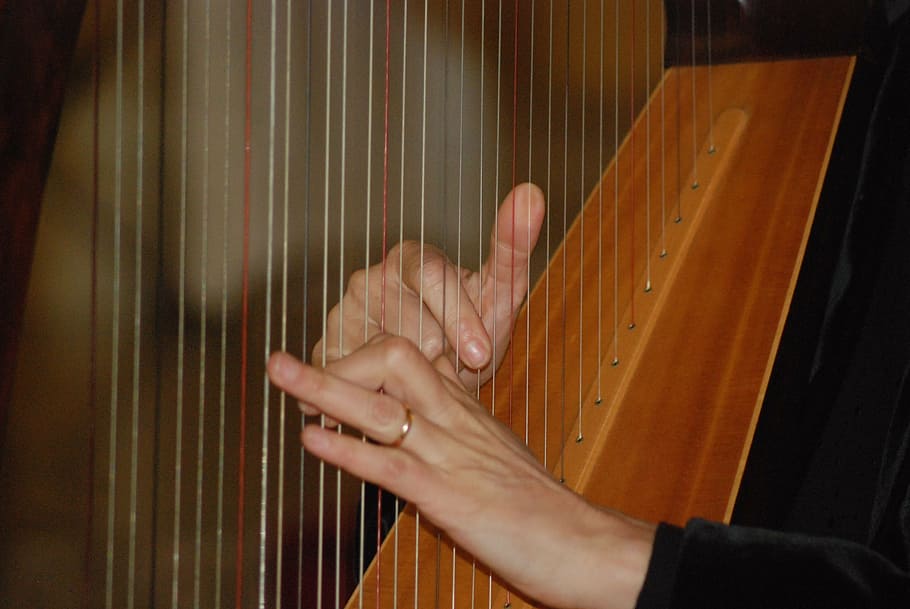 person playing harp, celtic harp, hands, sound, concert, music, hand, human body part, human hand, one person